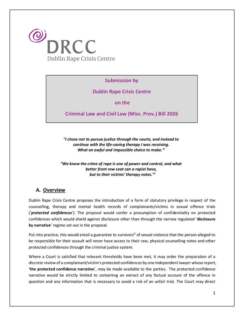 DRCC Submission to Minister for Justice re Counselling Notes - Final - For Circulation
